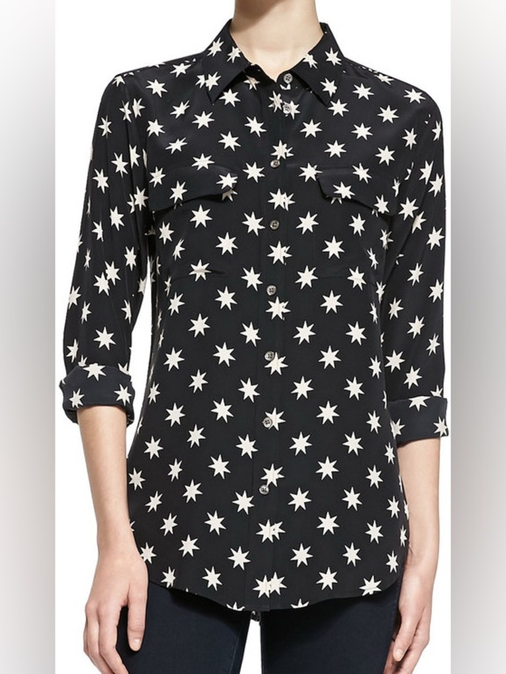Equipment Femme Slim Signature Star Print 100% Silk Blouse Black XS